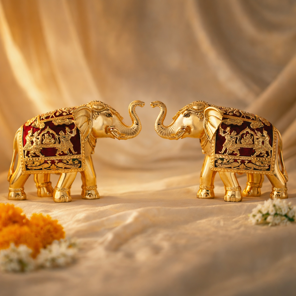 Pair of Golden Red Meena Elephant Jumbo Size