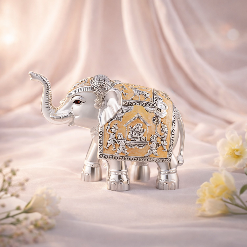 Pair of Silver Peach Meena Elephant Medium
