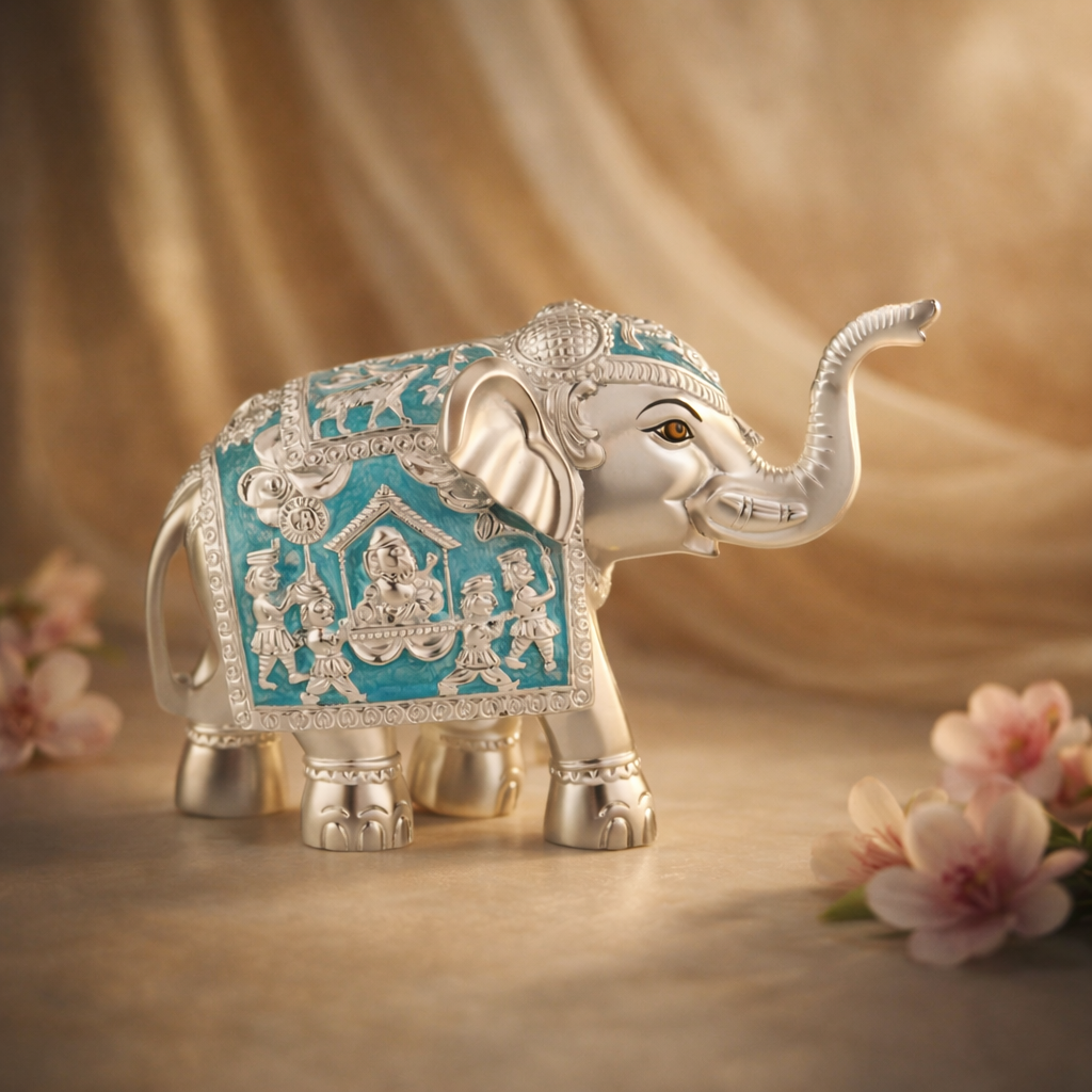 Pair of Silver Sky Blue Meena Elephant Small