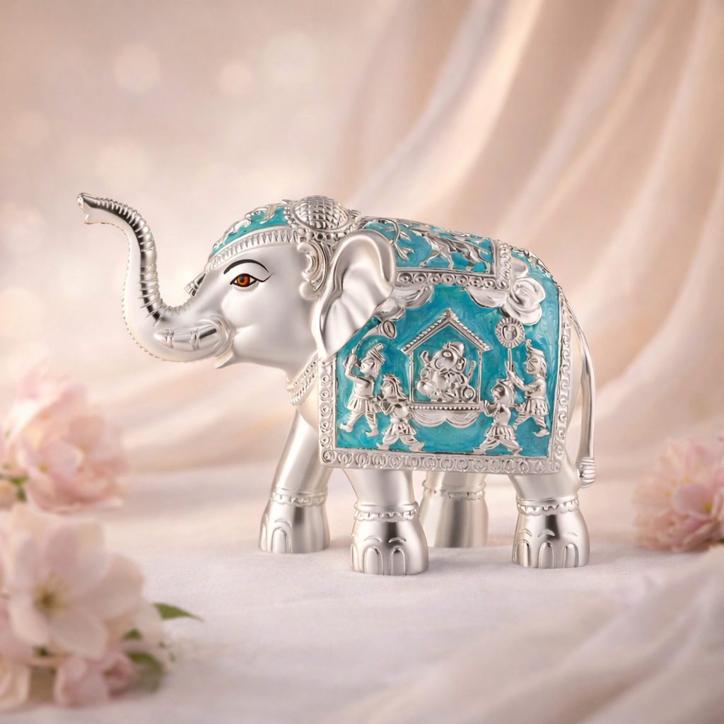 Pair of Silver Sky Blue Meena Elephant Medium