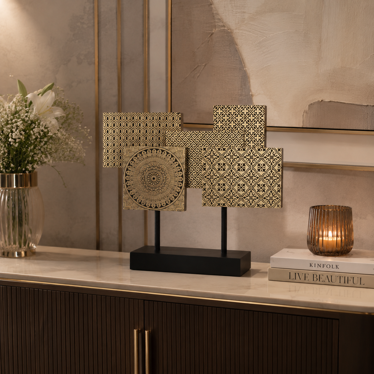 Golden Geometric Mosaic Panel Sculpture