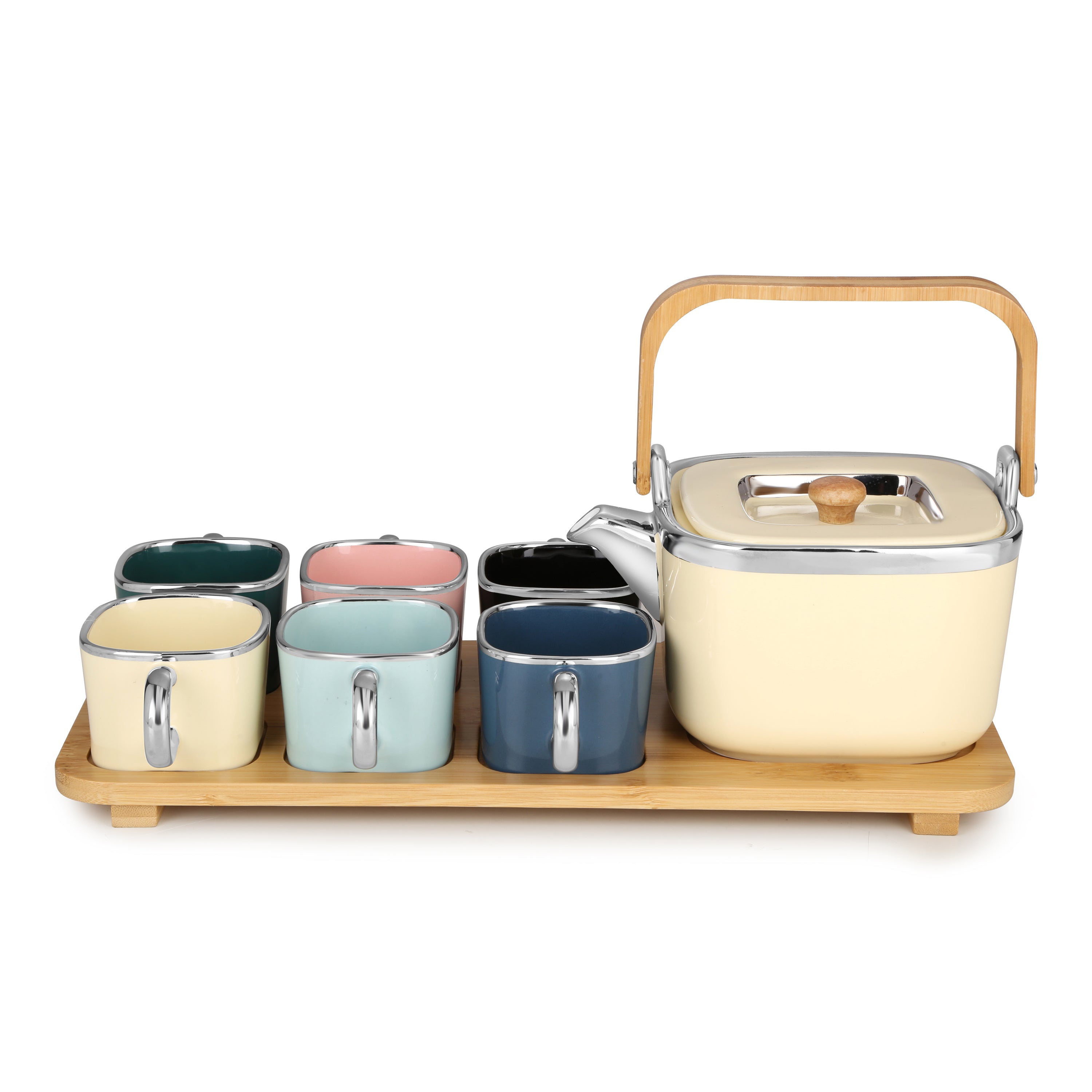 Set of 6 Cups With Tea Pot And Bamboo Base