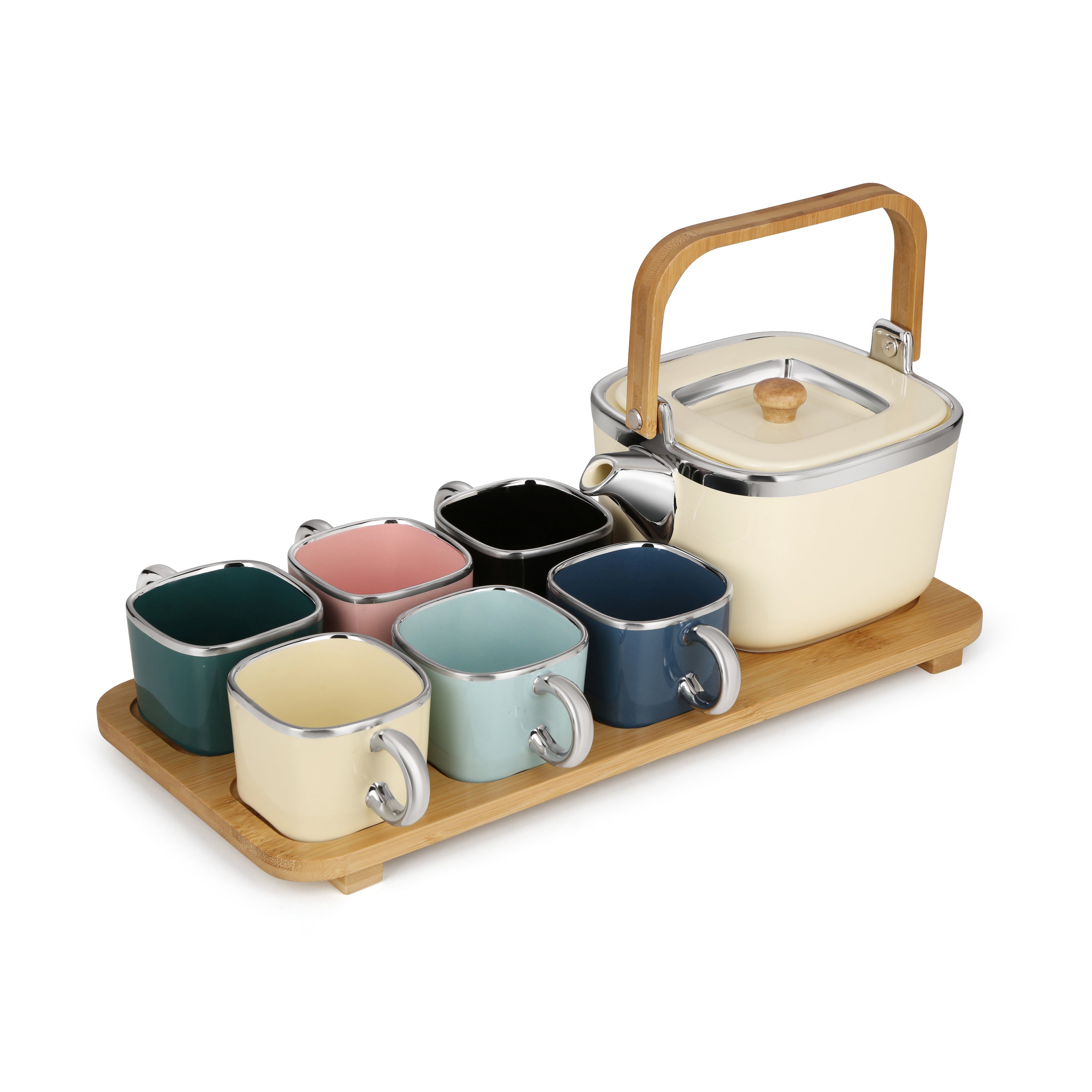 Set of 6 Cups With Tea Pot And Bamboo Base