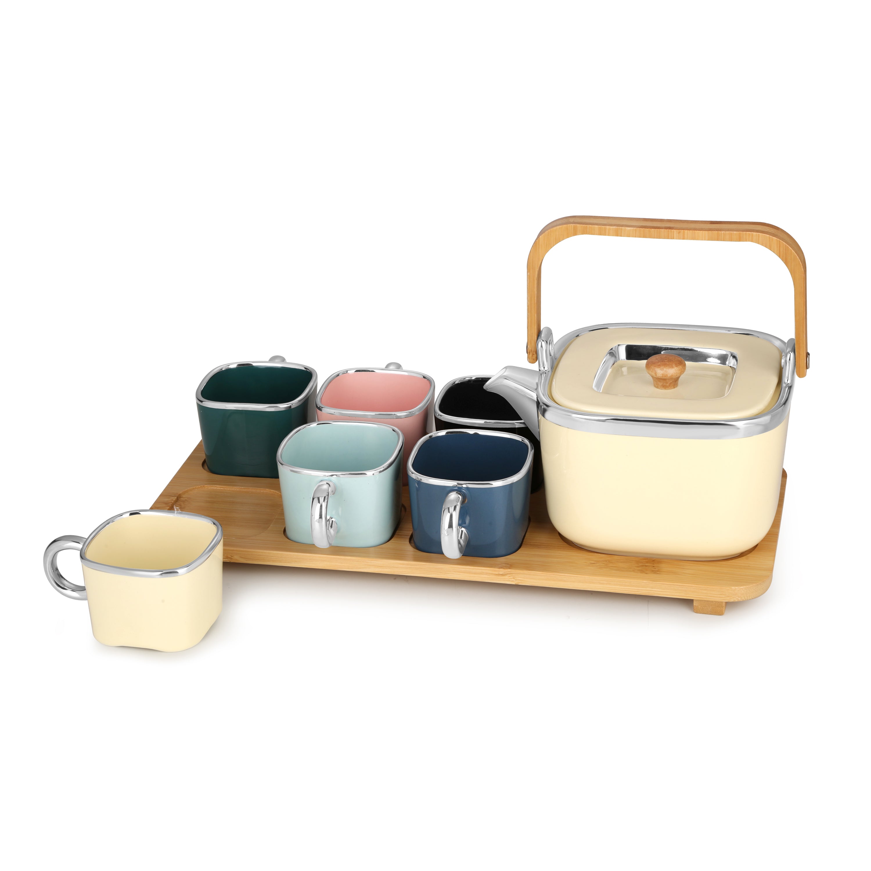 Set of 6 Cups With Tea Pot And Bamboo Base