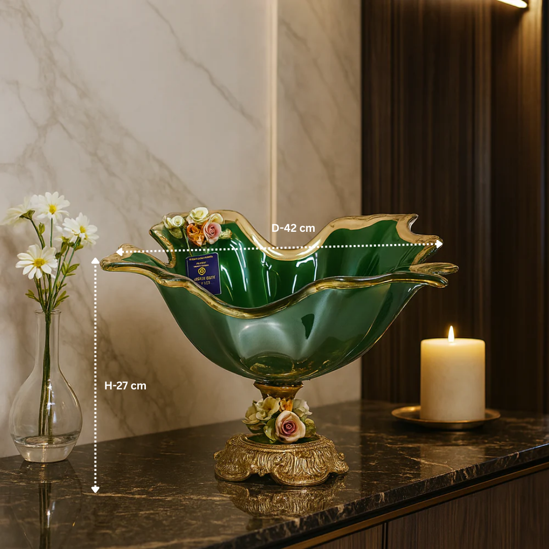 MURANO GREEN CRYSTAL FLORAL BOWL LARGE