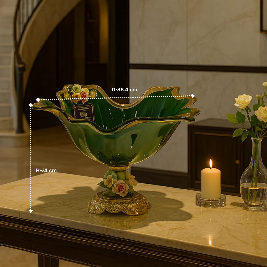MURANO GREEN CRYSTAL FLORAL BOWL MEDIUM