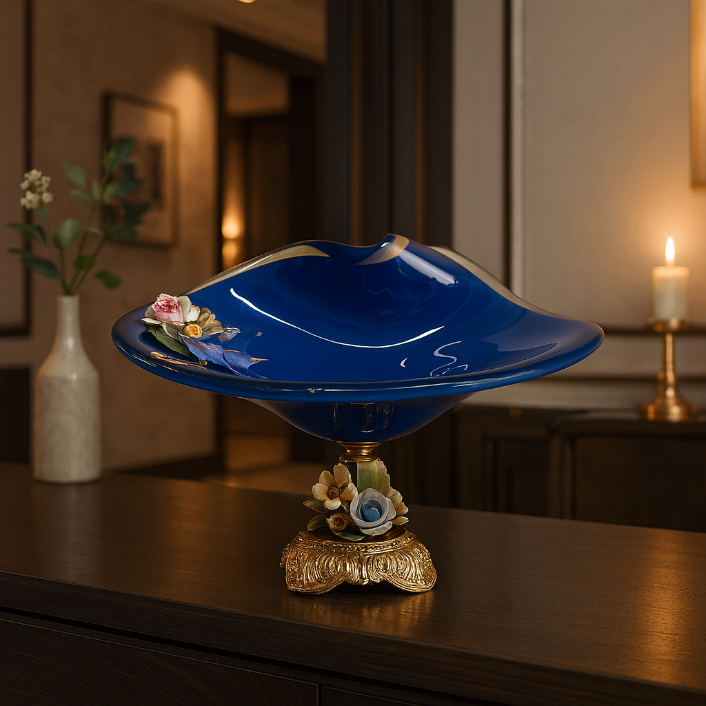 MURANO BLUE CRYSTAL FLORAL BOWL LARGE