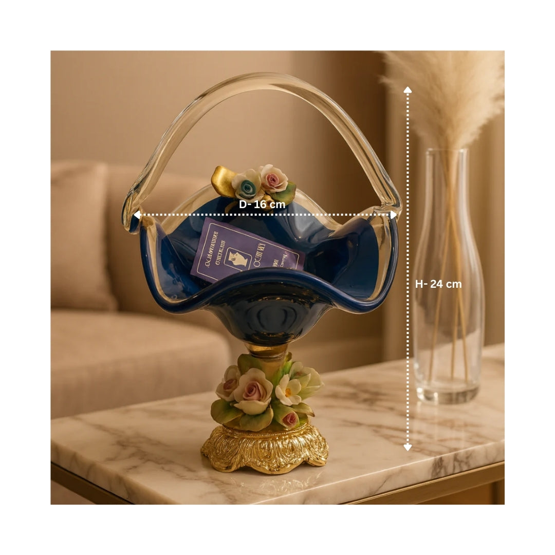MURANO BLUE CRYSTAL FLORAL BASKET SMALL