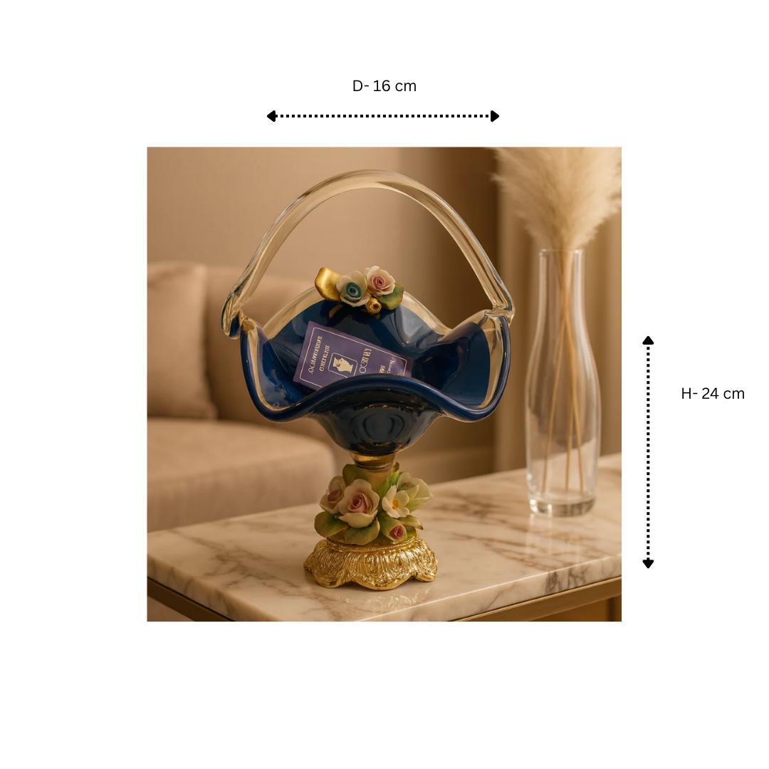 MURANO BLUE CRYSTAL FLORAL BASKET SMALL