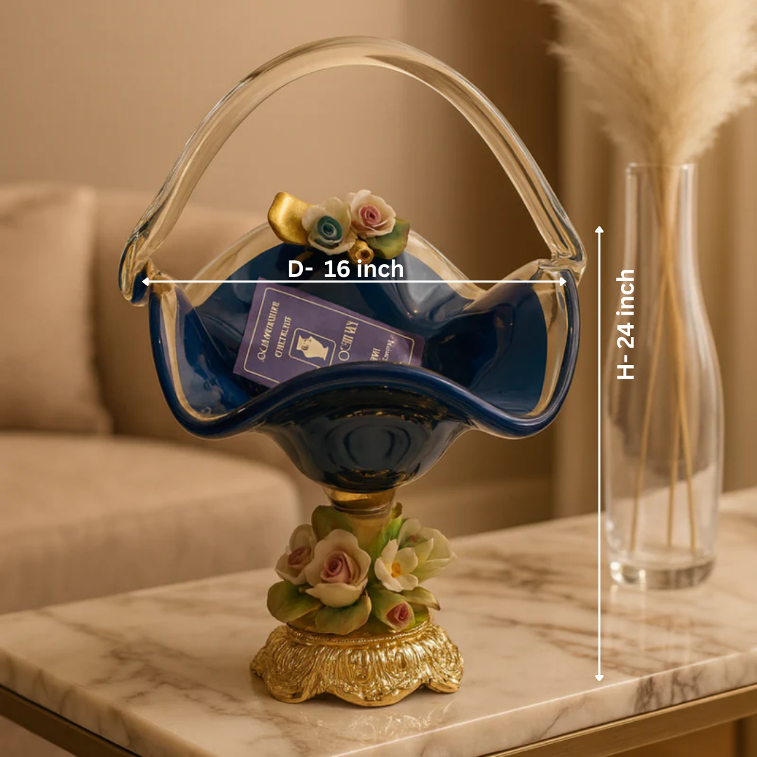 Murano Blue Crystal Floral Basket Small
