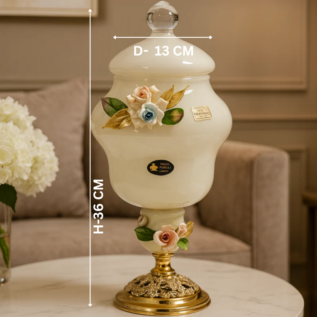 Murano White Crystal Floral Jar with Lid