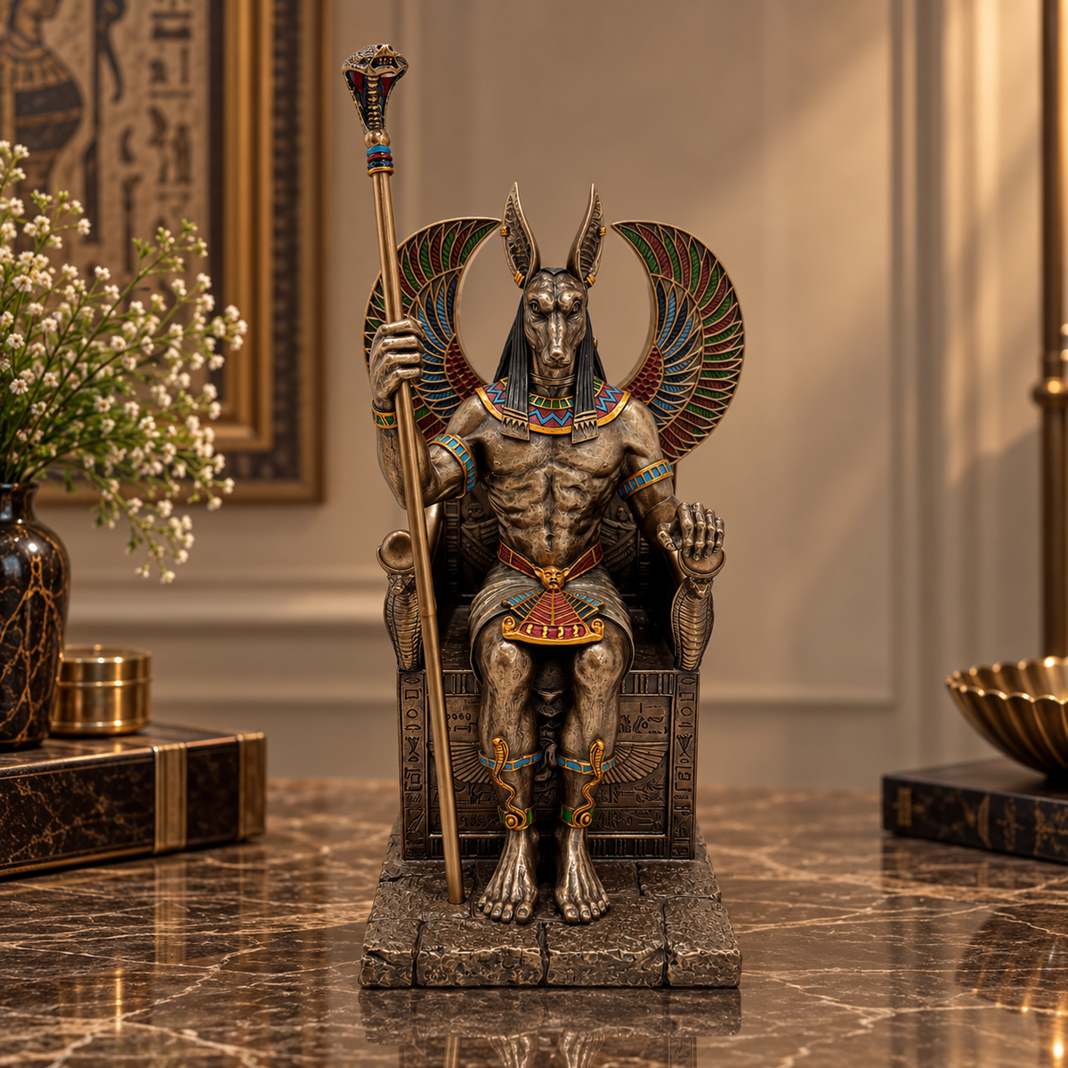 Egyptian god Anubis sitting in a throne