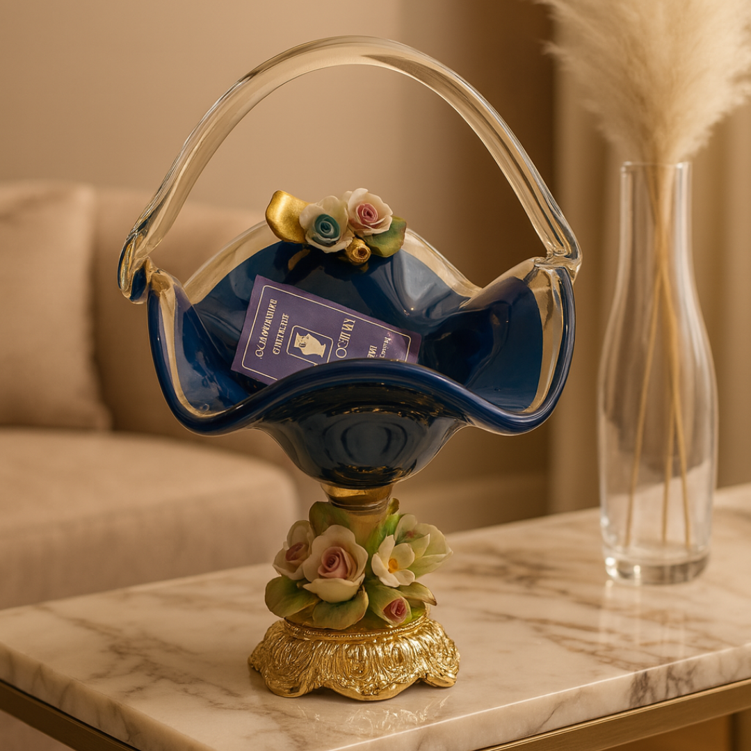 MURANO BLUE CRYSTAL FLORAL BASKET SMALL