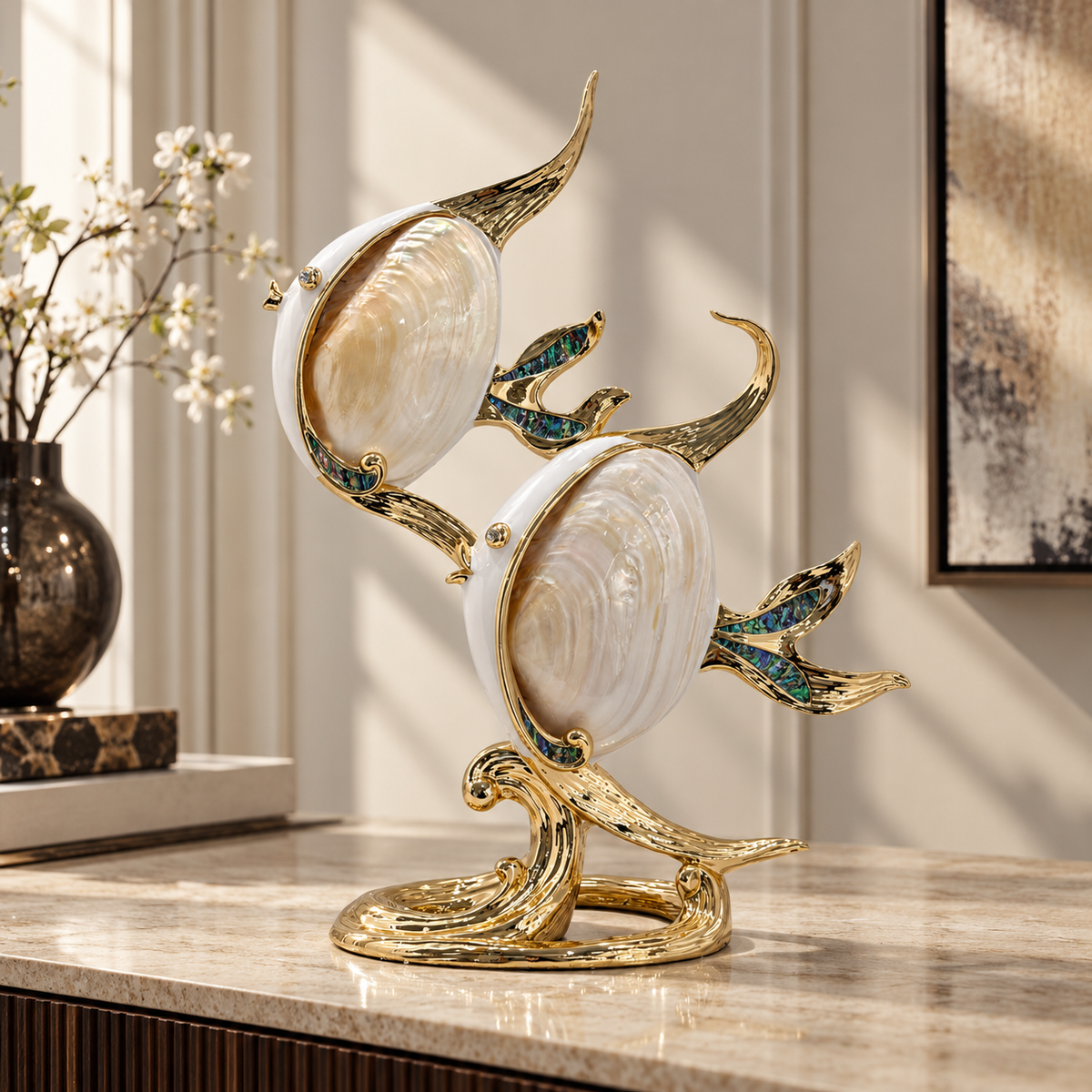 Twin crest fish sculpture