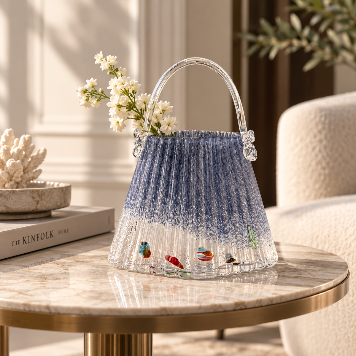 Lilac pleated glass vase basket