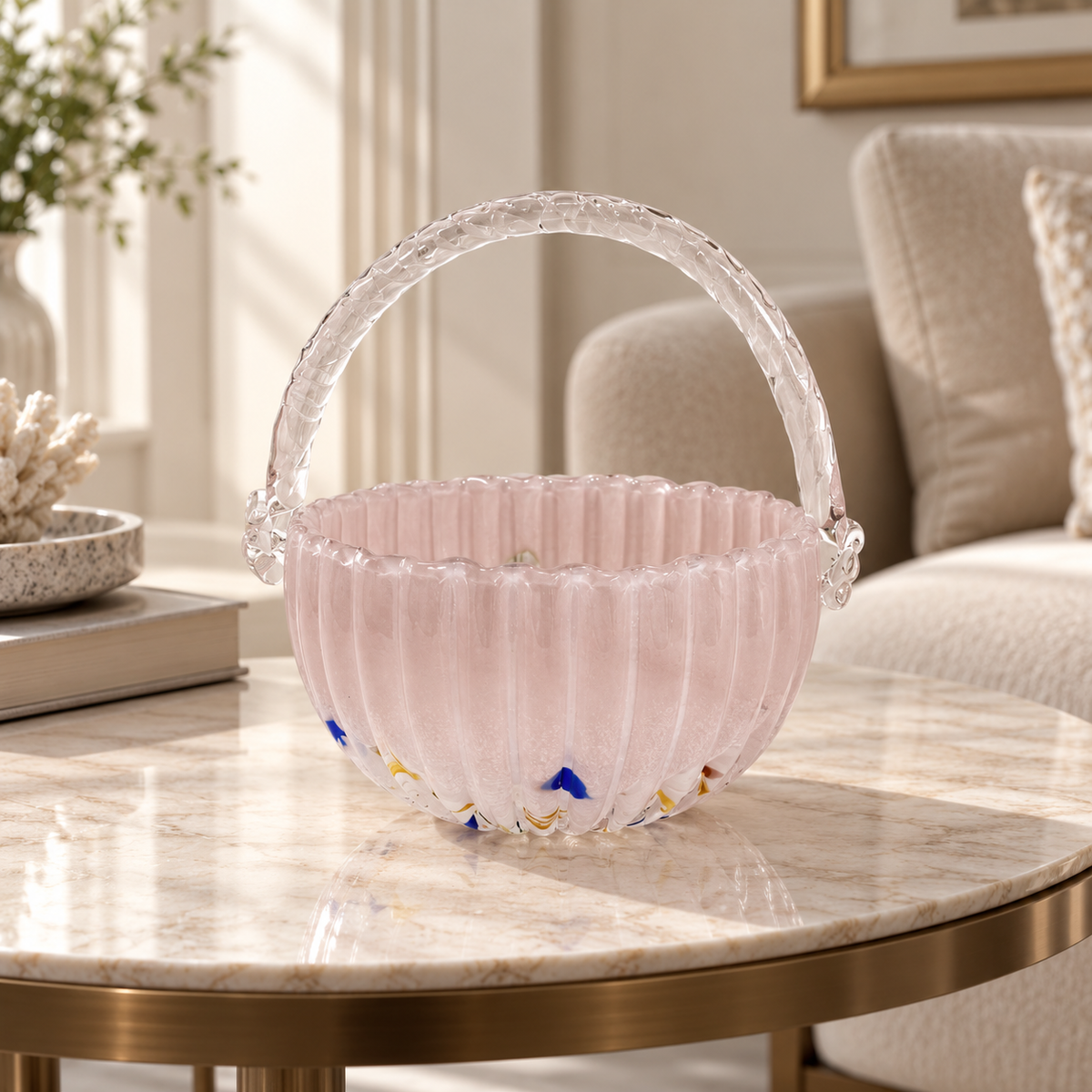 Blush ribbed crystal basket