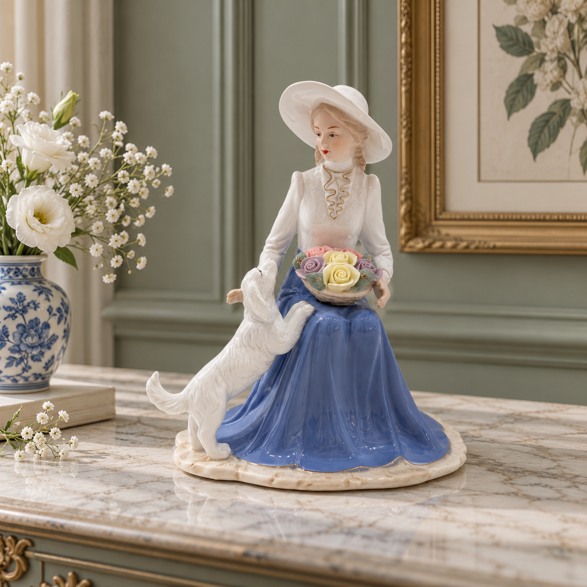 Garden belle with puppy sculpture