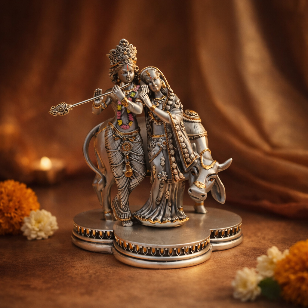 Radha Krishna with Cow Decorative Idol (H- 15 cm )