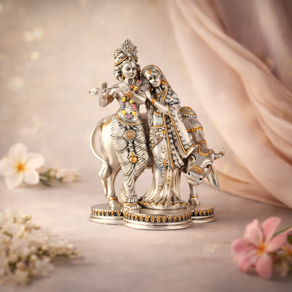 Radha Krishna with Cow 9inch Colored