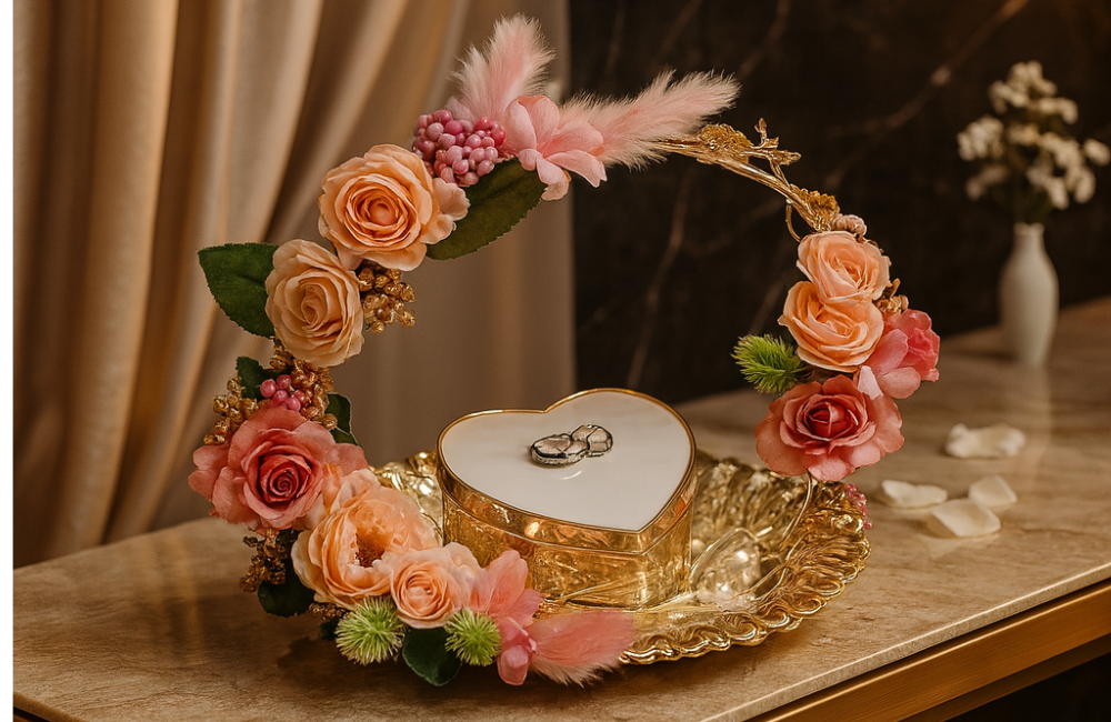 Romantic Ring Ceremony Flatlay with Floral Accents