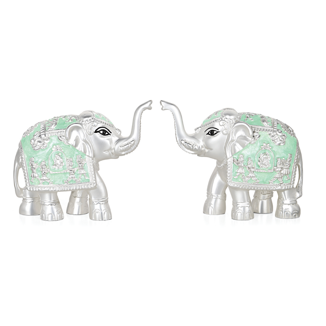 Pair of Silver Sea Green Meena Elephant Small