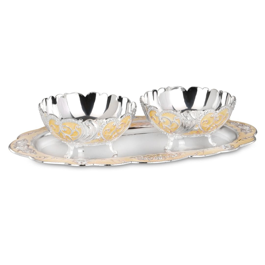oval tray with 2 enamel bowl peach