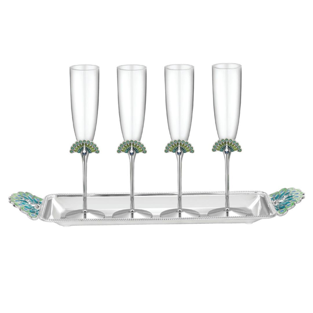 Set of 4 Peacock Glasses with Tray