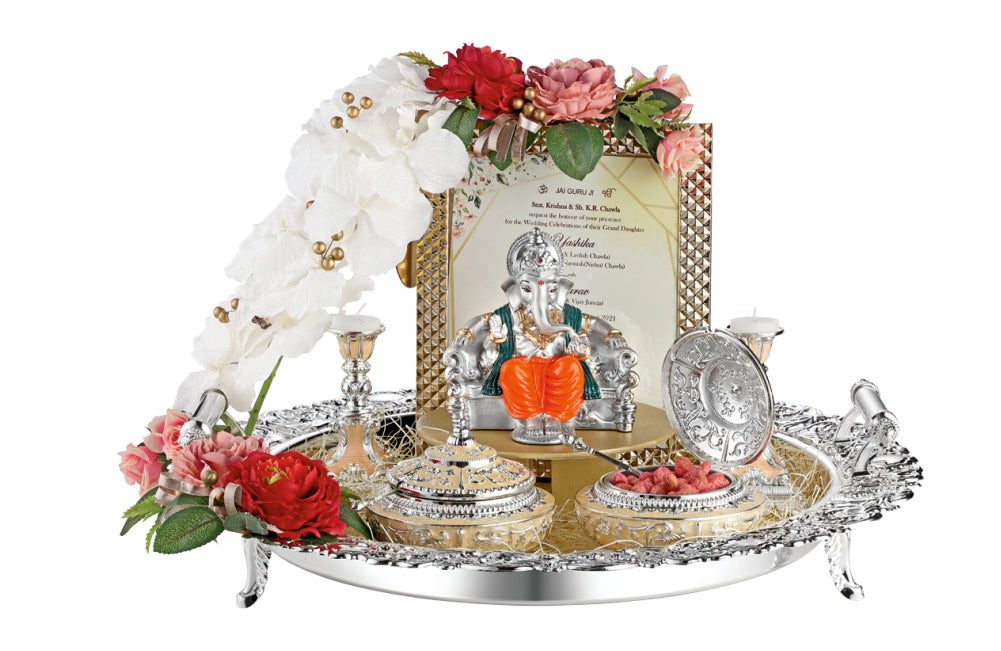 Luxury Wedding Invitation Tray with Ganesh Idol and Floral Accents