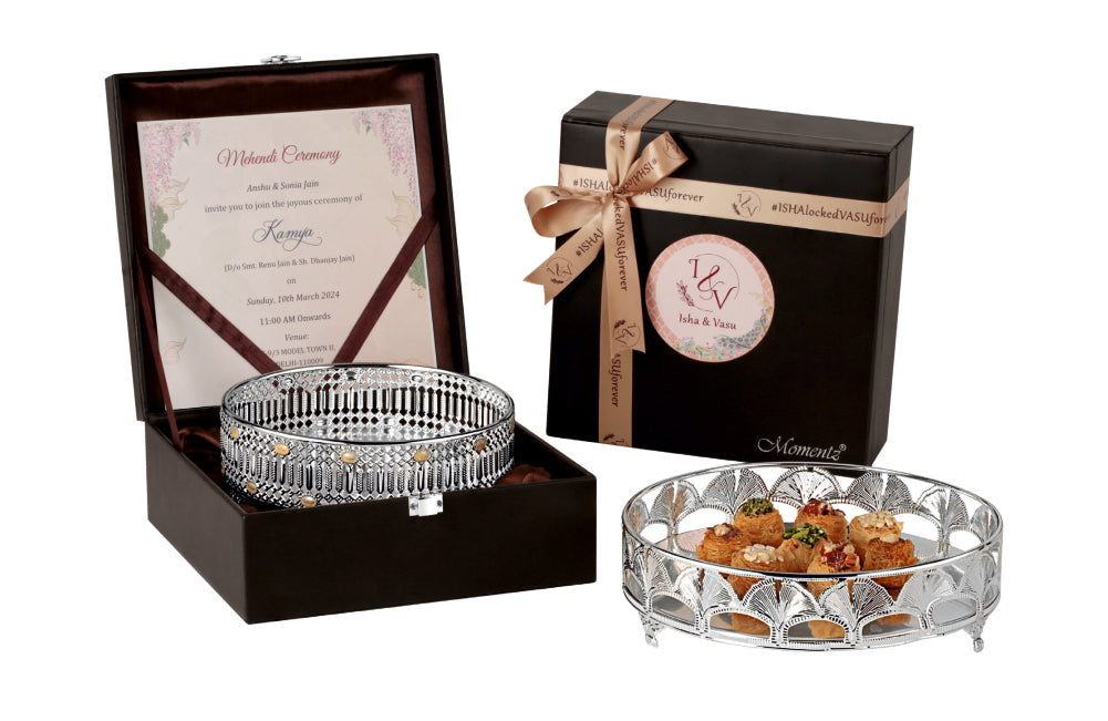 Elegant Wedding Invitation Box with Designer Silver Platter