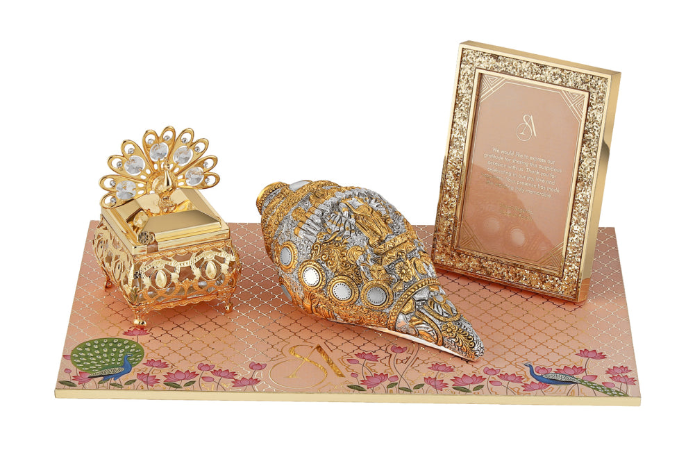 Regal Wedding Invitation Box with Decorative Shankh and Peacock Keepsake
