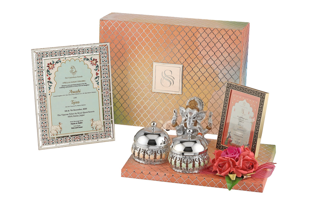 Traditional Indian Wedding Invitation Box with Ganesh Idol & Silver Bowls