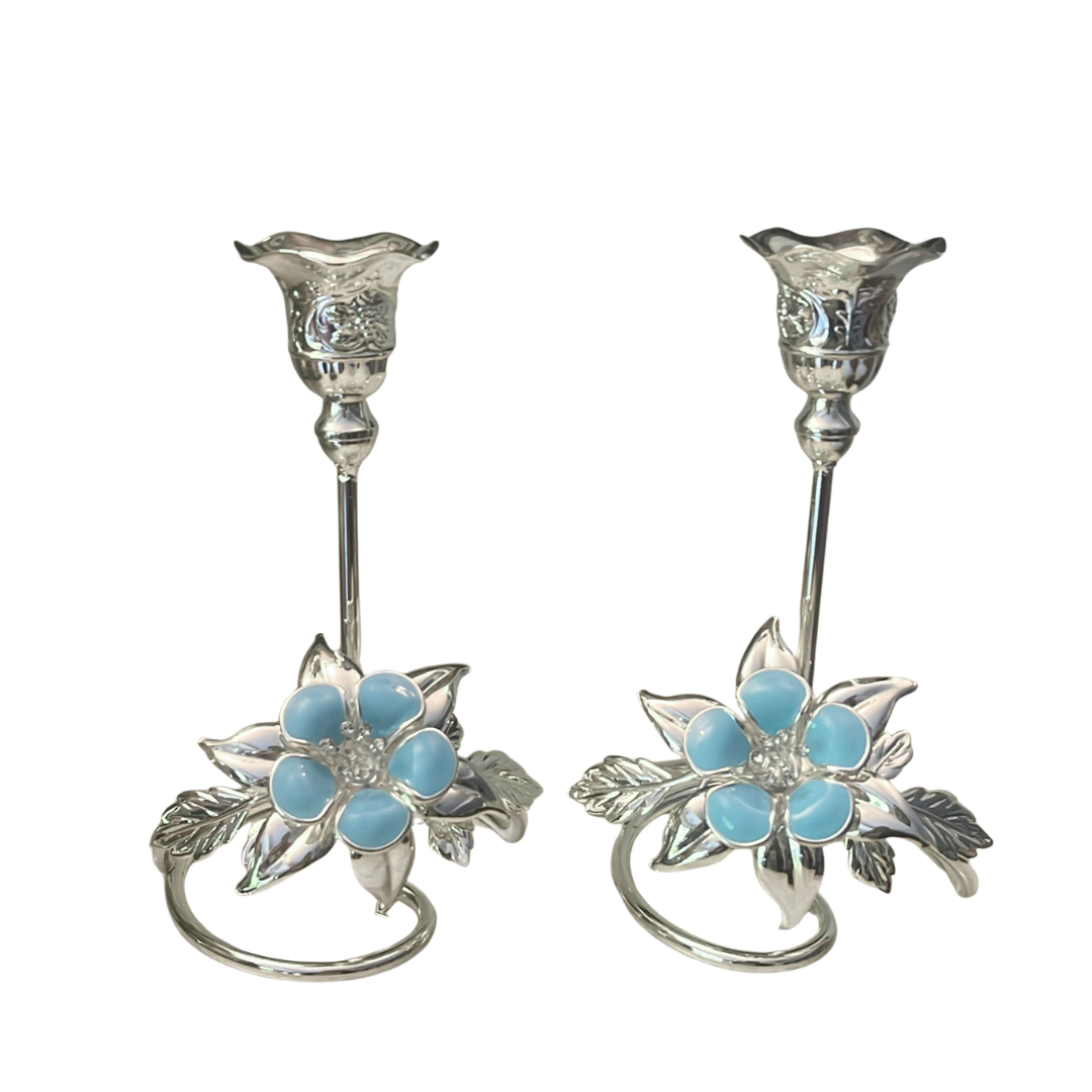 Flower Candle Stand Set of 2 Blue Small