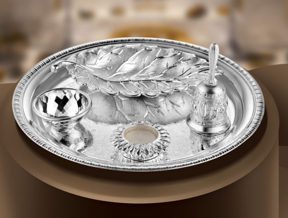 Puja Thali With Leaf Bell Katori & Tea Light- Colored