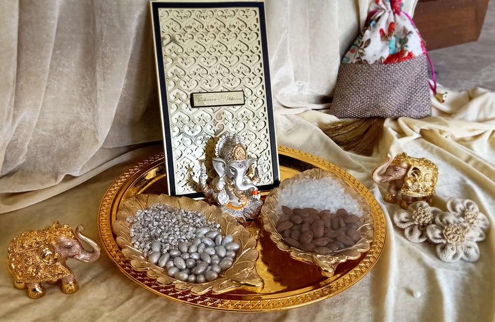 Golden Wedding Dry Fruit Tray with Ganesh Idol and Leaf Bowls