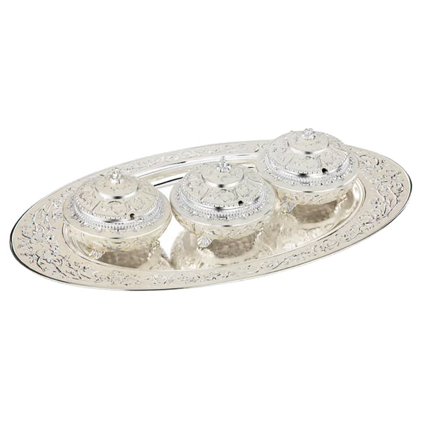 Set Of 3 Sugar Pot With Oval MOP Tray XL - White
