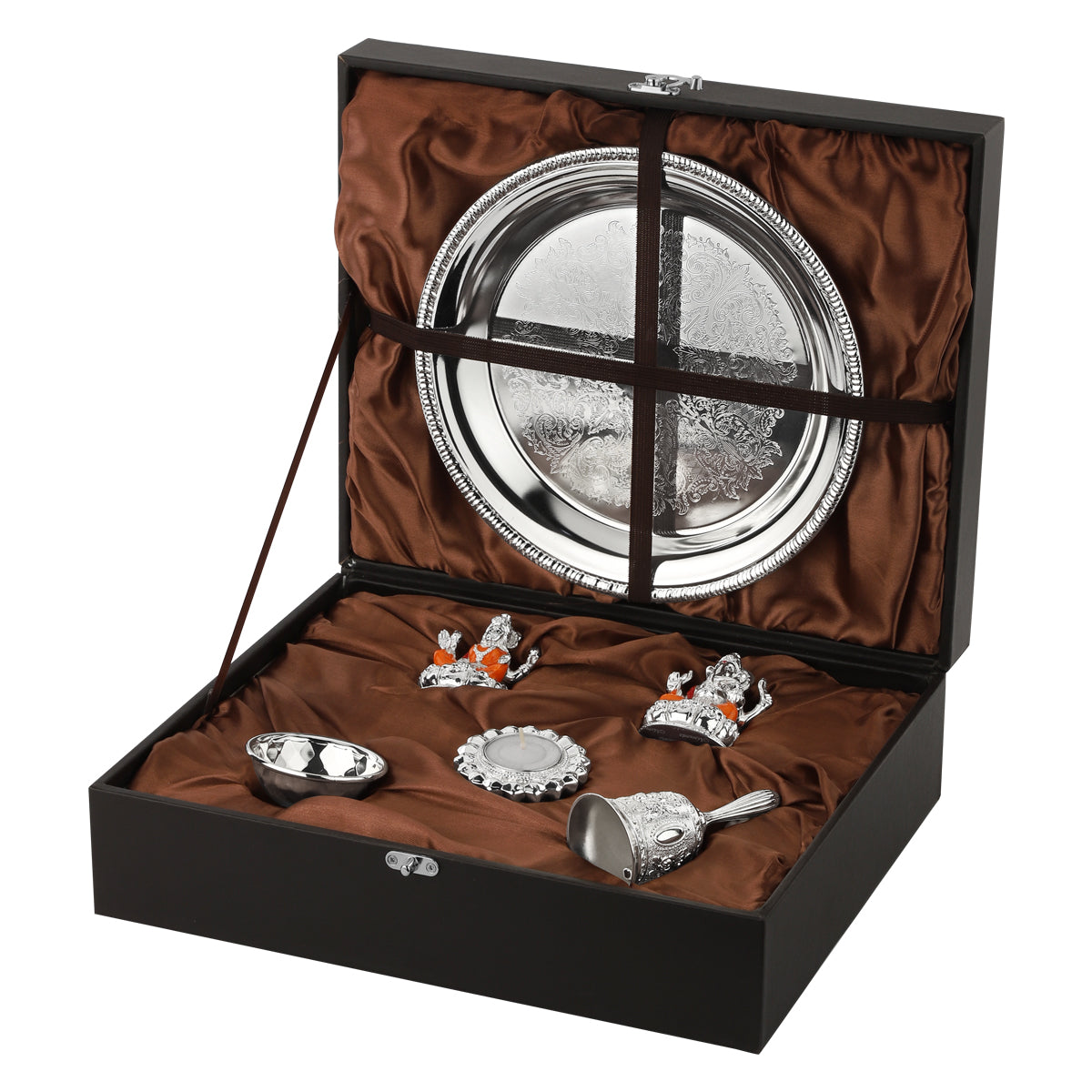 Silver Puja Thali With Silver Laxmi Ganesh