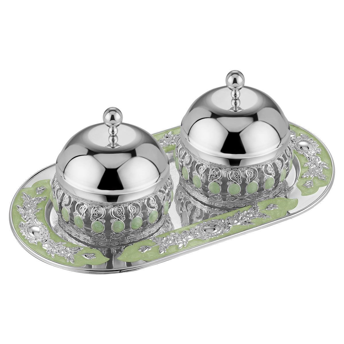 Flower Oval Designer Tray with pair of enamel candy jar with lid Sea Green