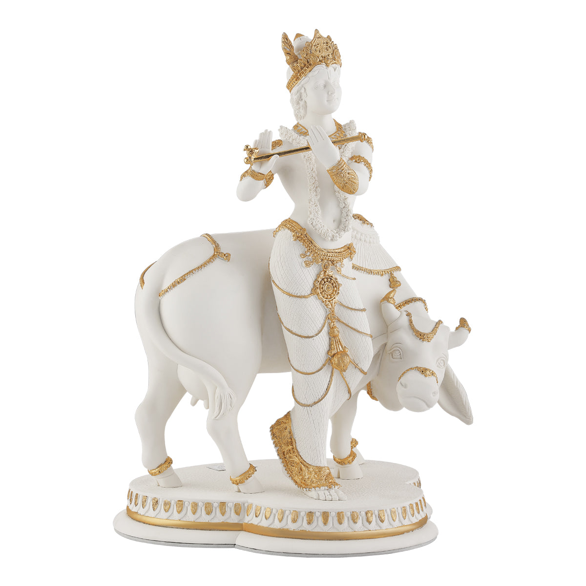 White Gold Krishna with Cow Idol