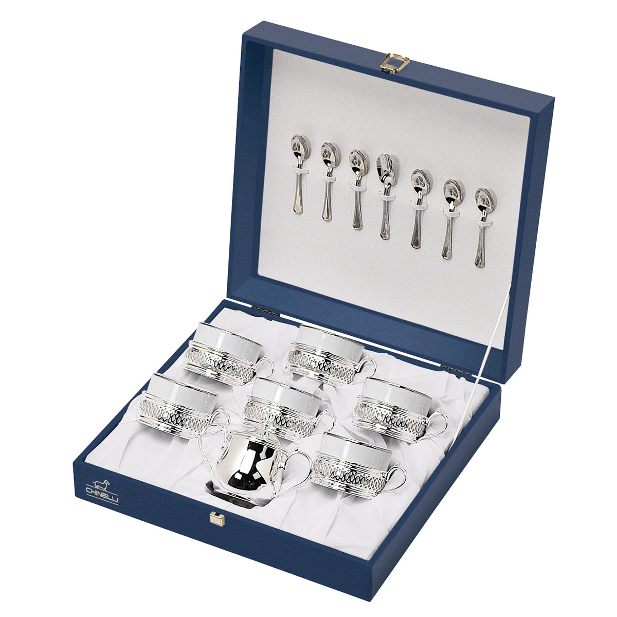 Set of 6 Cups + 6 Spoons + Sugar Pot (Design) Silver