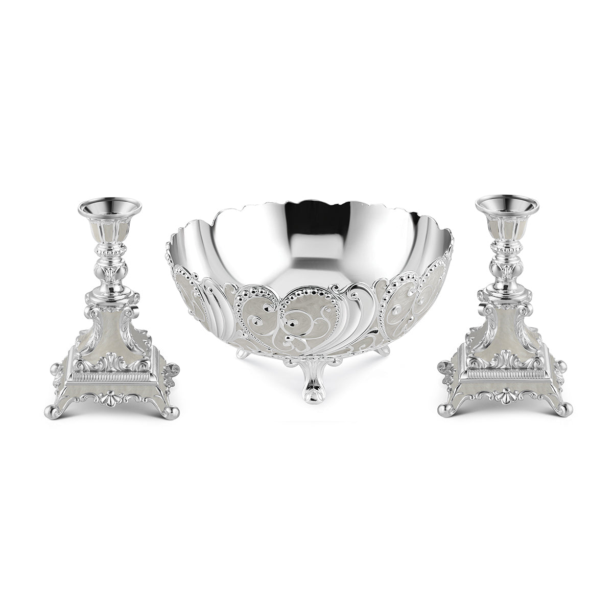 Big Enamel Bowl + Set Of 2 Candle Stand - White