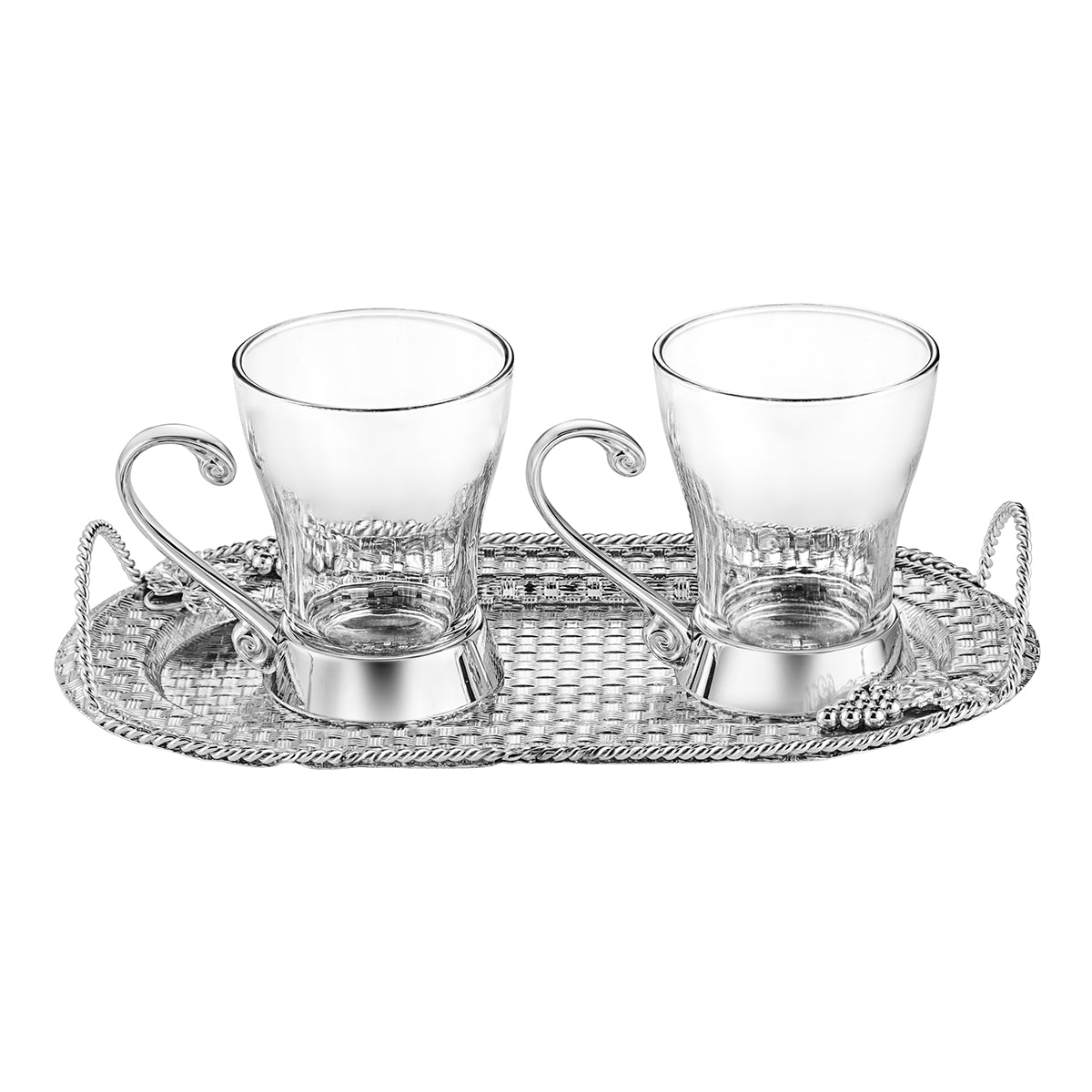 Oval Tray With Handle + Set of 2 Vintage Mugs- Silver