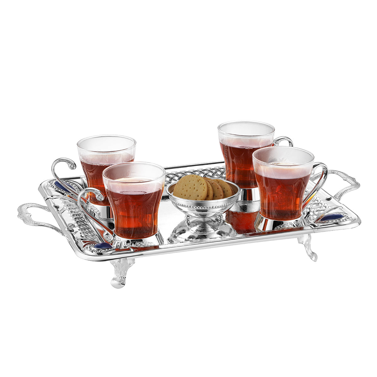 Rectangle tray with 4 mugs & sugar pot Silver