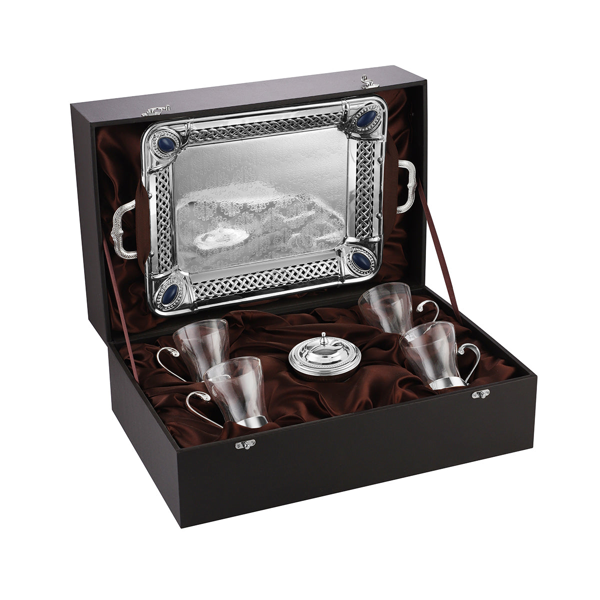 Rectangle tray with 4 mugs & sugar pot Silver
