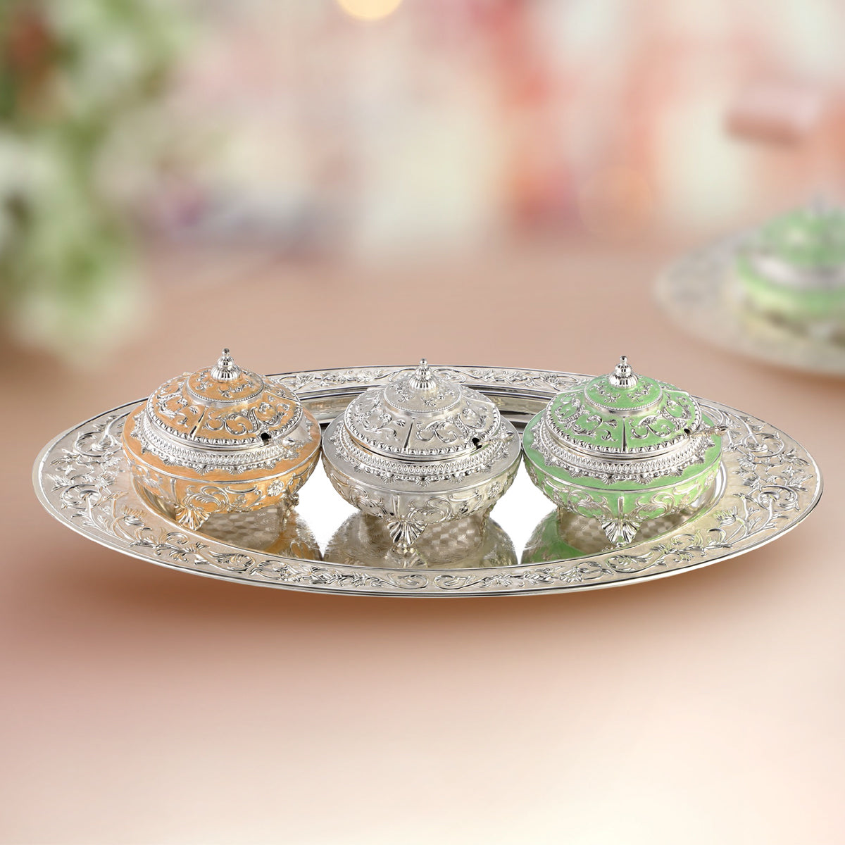 Set of 3 Sugar Pot With Oval Tray- MOP Large