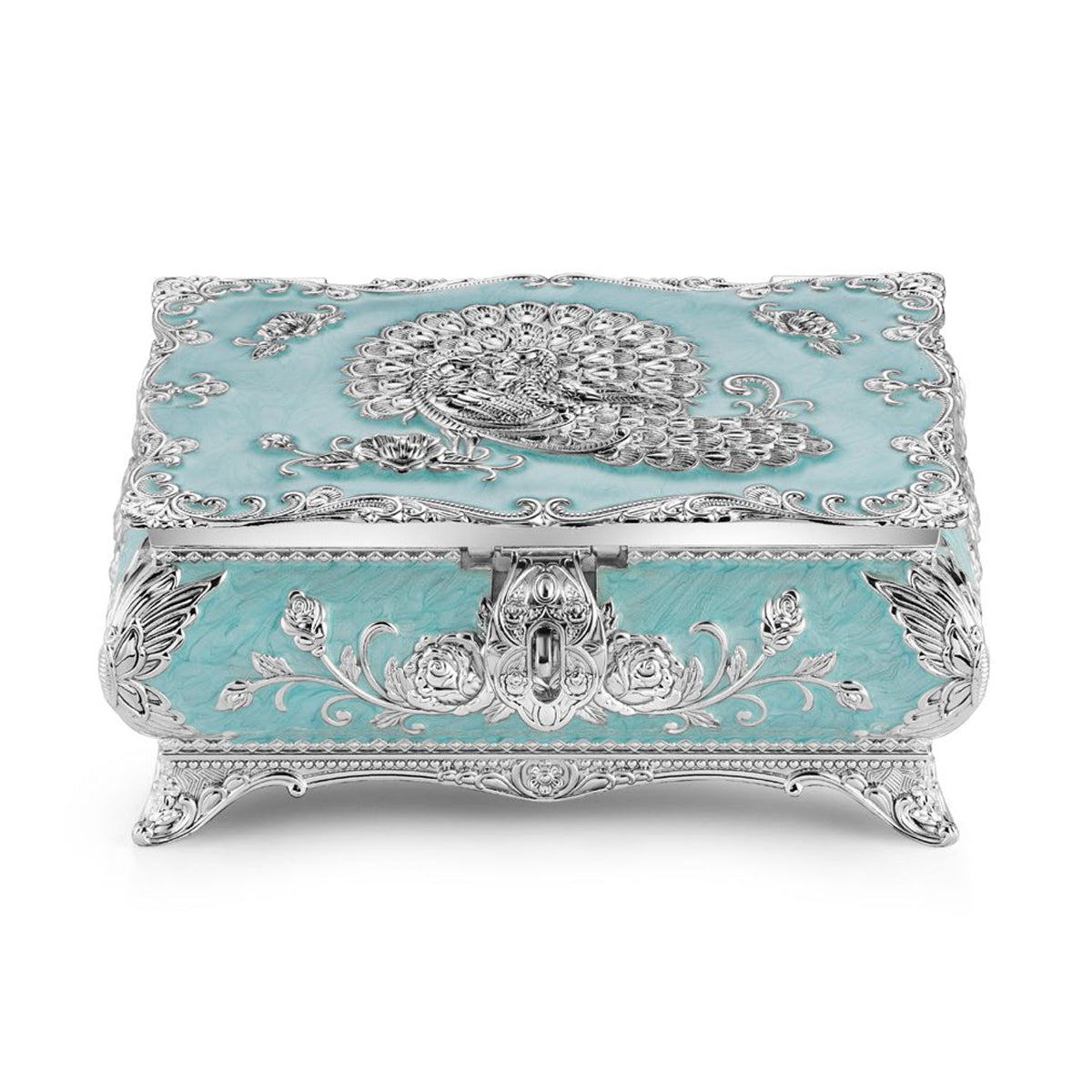 Peacock enamel jewellery box Large - Sky Blue
