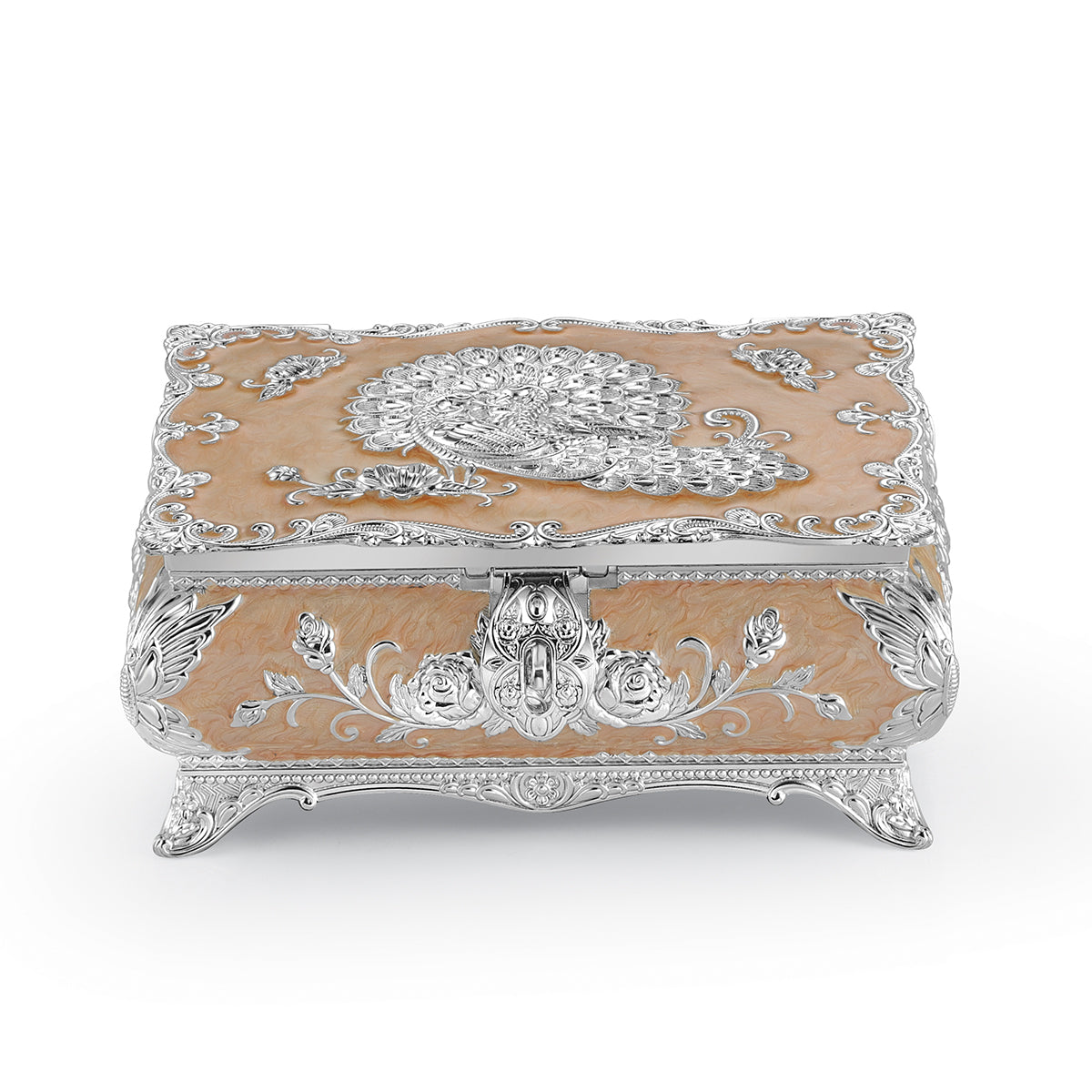 Peacock enamel jeweller box Large - Peach