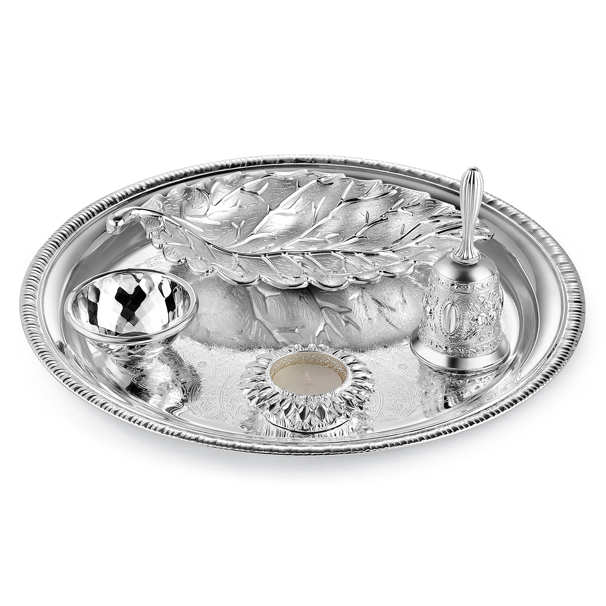 Puja Thali With Leaf Bell Katori & Tea Light- Colored