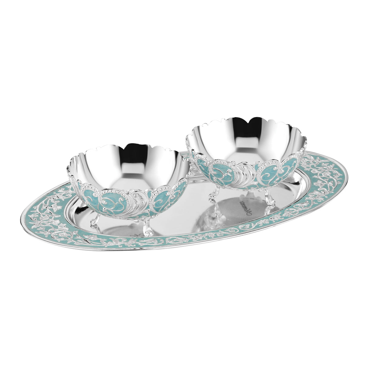 Oval MOP Tray Medium With Set Of 2 Pastel Bowls - Sky Blue