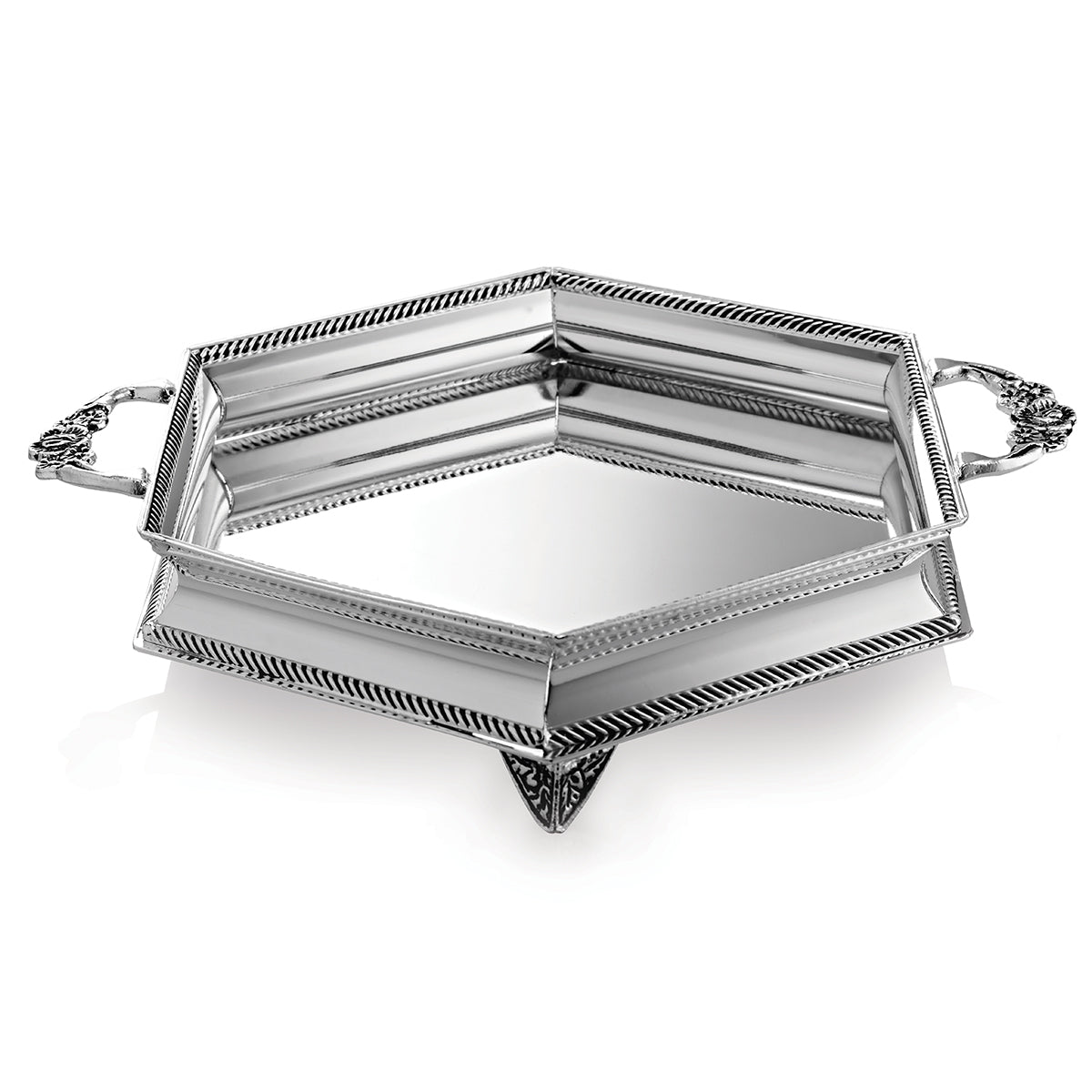 Hexagonal Tray with Handle & Feet - Silver