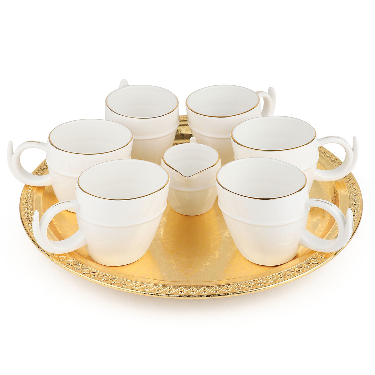 Round Golden Thal With 6 Tea Cups + 1 Milk Pot